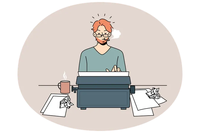 Hombre autor escribiendo en una máquina de escribir retro fumando un cigarrillo  Ilustración