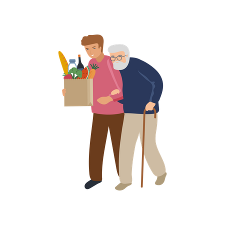 Hombre ayudando a anciano con bolsa de supermercado  Ilustración