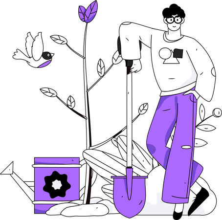 Hombre ayudando en el cultivo de plantas.  Ilustración