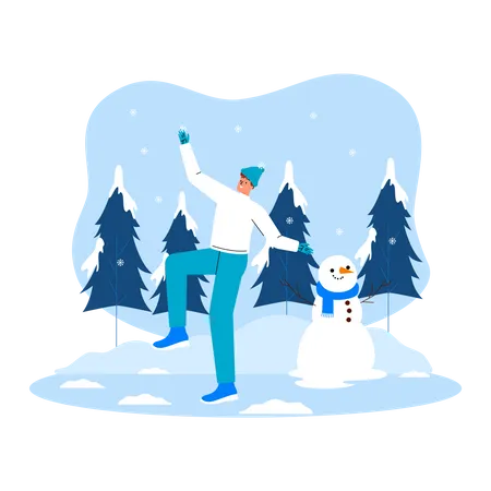 Hombre bailando en la nieve y haciendo muñeco de nieve.  Ilustración