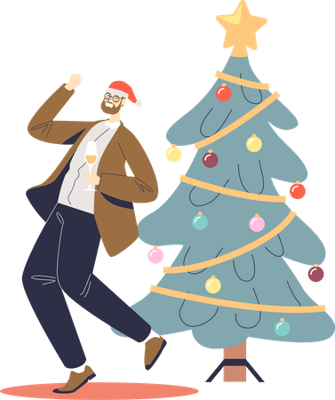 Hombre bailando y bebiendo champán en la fiesta de Navidad.  Ilustración