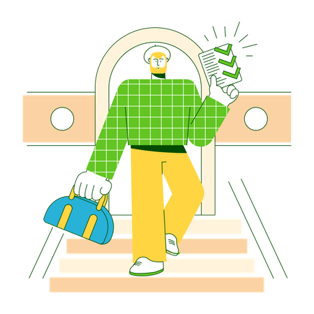 El hombre baja las escaleras con su trabajo hecho.  Ilustración