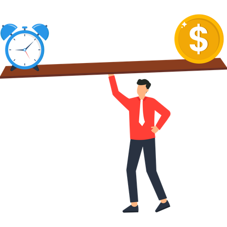 Hombre equilibrando un reloj y una moneda de dólar sobre una viga de madera  Ilustración