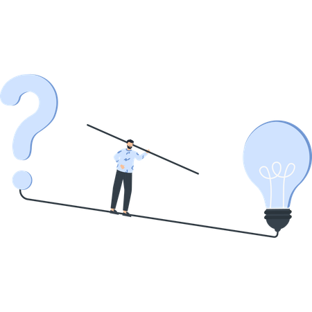 Hombre balanceándose en una cuerda floja con un signo de interrogación y una bombilla  Ilustración