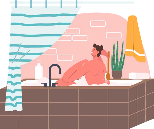 Hombre bañándose con jabón dentro de una bañera  Ilustración