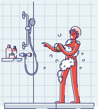 Hombre bañándose en el baño.  Ilustración