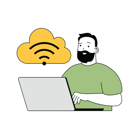 Hombre barbudo conectando wifi a la red en la nube  Ilustración