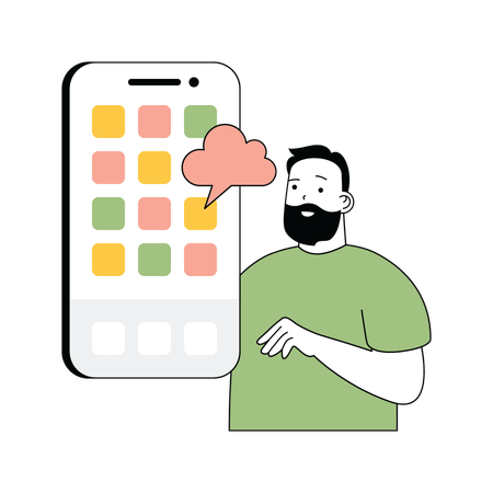 Hombre de barba mostrando aplicación de nube en teléfono inteligente  Ilustración