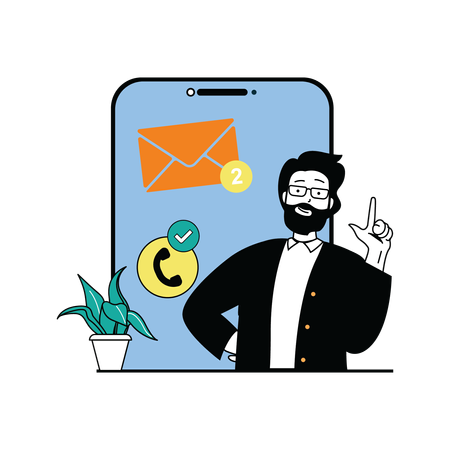 Hombre con barba mostrando notificaciones de correo electrónico y llamadas por teléfono  Ilustración