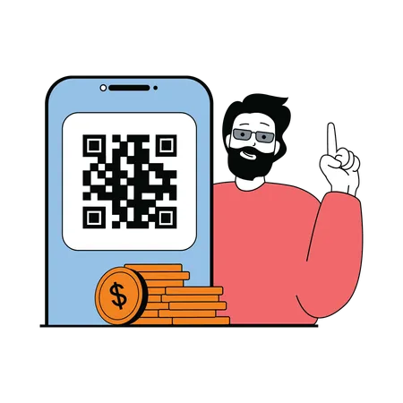 Hombre de barba aceptando pago a través de código qr  Ilustración