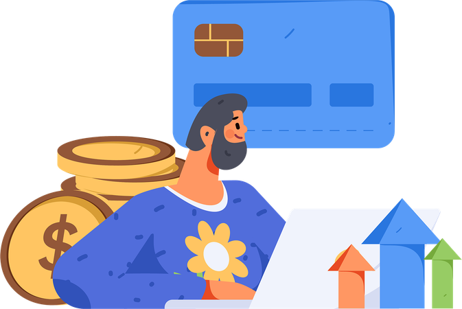 Hombre de barba trabajando en el crecimiento financiero  Ilustración