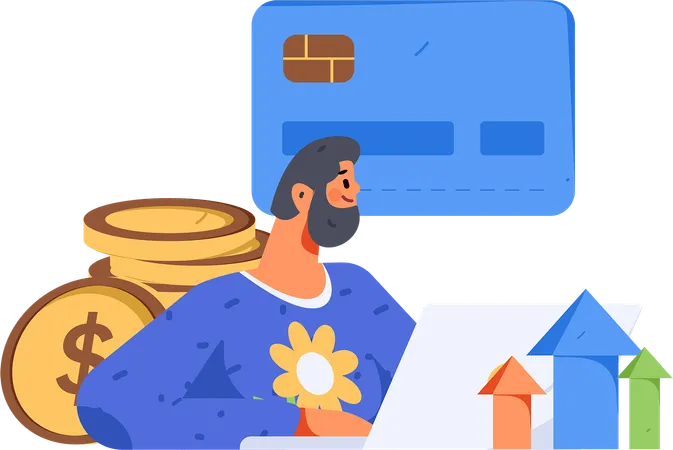 Hombre de barba trabajando en el crecimiento financiero  Ilustración