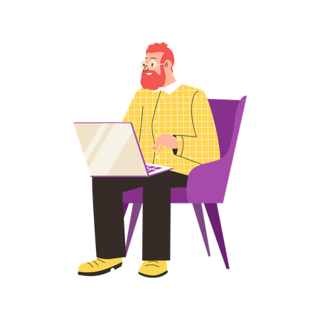 Hombre barbudo con gafas sentado en un sillón con una computadora portátil en su regazo  Ilustración