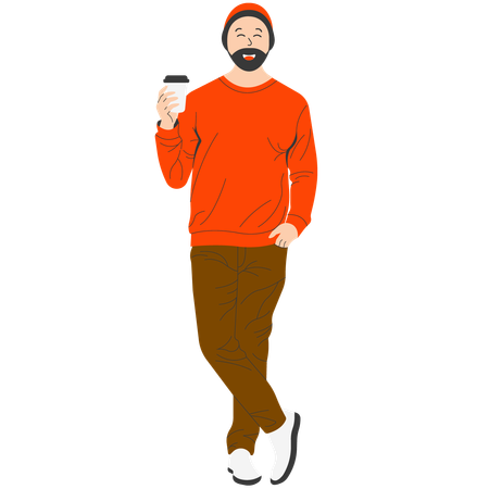 Hombre barbudo con suéter naranja disfrutando de un café en invierno  Ilustración