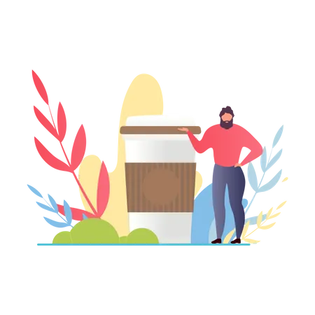Hombre barbudo parado cerca de una enorme taza de café  Ilustración