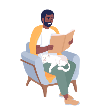 Hombre barbudo disfrutando de un libro con un lindo gato en el regazo  Ilustración