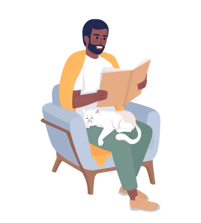 Hombre barbudo disfrutando de un libro con un lindo gato en el regazo  Ilustración