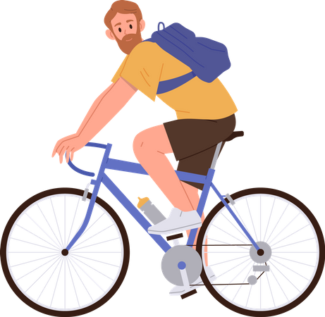 Feliz hombre barbudo montando bicicleta disfrutando de un estilo de vida activo y saludable  Ilustración
