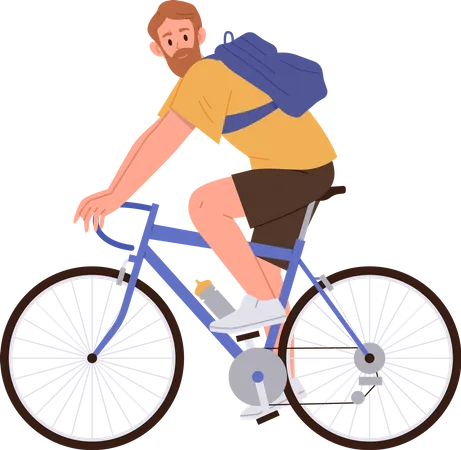 Feliz hombre barbudo montando bicicleta disfrutando de un estilo de vida activo y saludable  Ilustración