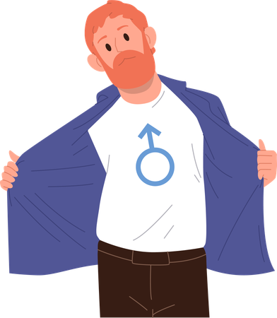 Hombre barbudo hipster que muestra una camiseta con el signo de identidad de género sexual masculino  Ilustración