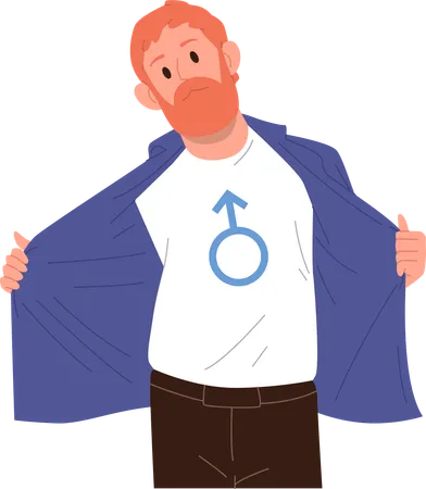 Hombre barbudo hipster que muestra una camiseta con el signo de identidad de género sexual masculino  Ilustración