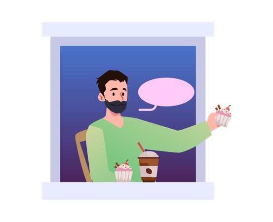 Hombre barbudo sentado junto a una ventana abierta con café y pastel  Ilustración