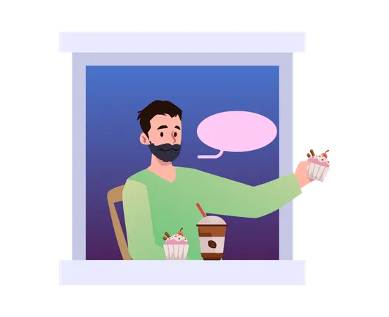 Hombre barbudo sentado junto a una ventana abierta con café y pastel  Ilustración