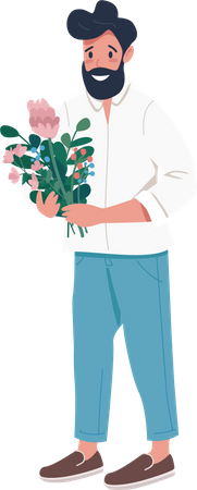 Hombre barbudo sonriente con arreglo floral  Ilustración