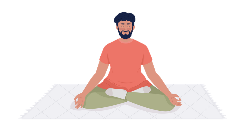 Hombre barbudo sonriente meditando sobre una alfombra  Ilustración