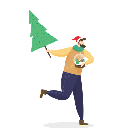 Hombre Barbudo Sosteniendo Pino De Navidad  Ilustración