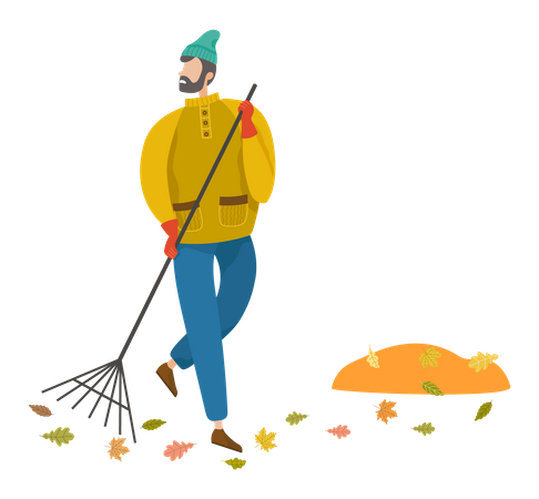Hombre barriendo hojas caídas durante el otoño  Ilustración