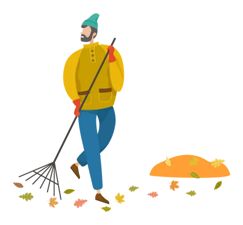 Hombre barriendo hojas caídas durante el otoño  Ilustración