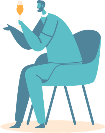 El hombre bebe alcohol en casa o en el bar. Personaje masculino maduro sentado en una silla sosteniendo una copa de vino en la mano aislado en blanco  Ilustración