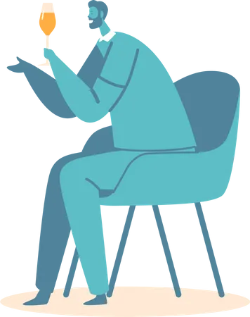 El hombre bebe alcohol en casa o en el bar. Personaje masculino maduro sentado en una silla sosteniendo una copa de vino en la mano aislado en blanco  Ilustración