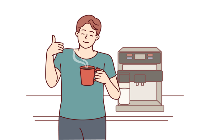 El hombre bebe café de una taza parada cerca de la máquina para hacer un delicioso espresso y muestra el pulgar hacia arriba  Ilustración