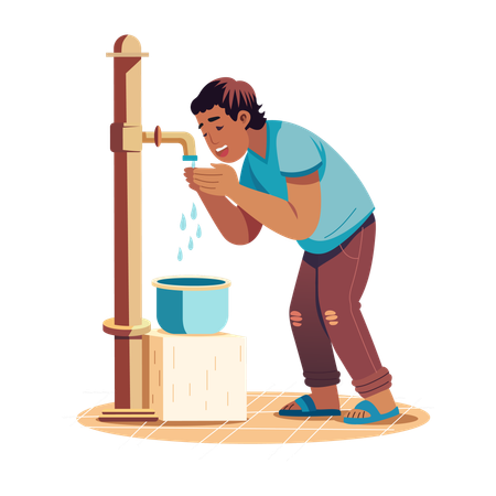 Hombre bebiendo agua del grifo público  Ilustración