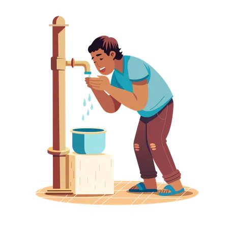 Hombre bebiendo agua del grifo público  Ilustración