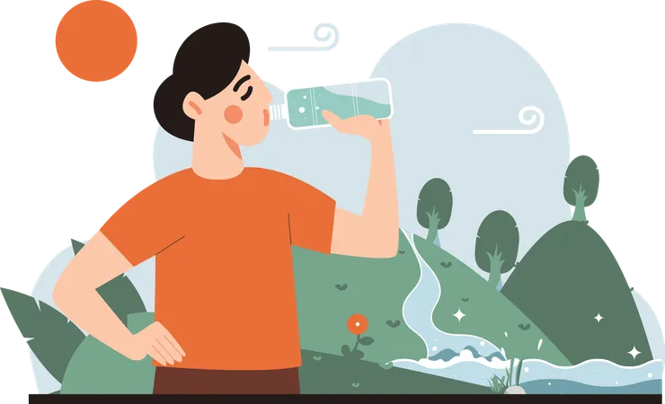 Hombre bebiendo agua de la naturaleza  Ilustración