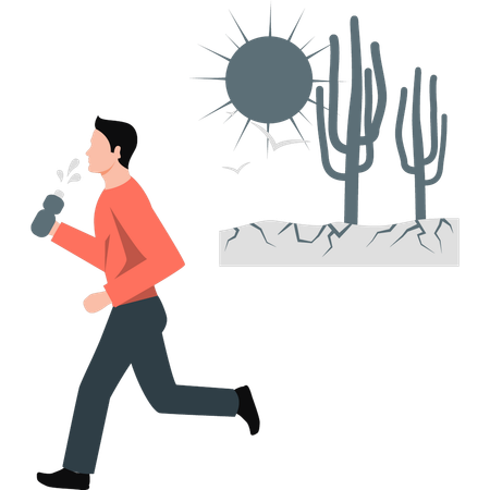 Hombre bebiendo agua mientras huye del intenso calor  Ilustración