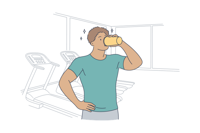 Hombre bebiendo batido de proteínas en el gimnasio  Ilustración