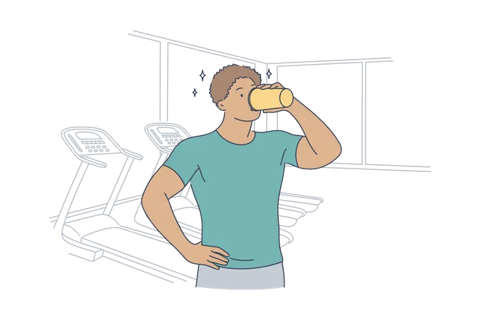 Hombre bebiendo batido de proteínas en el gimnasio  Ilustración