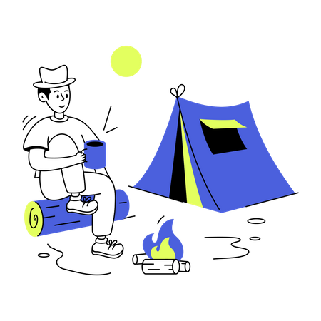 Hombre bebiendo café en el camping  Ilustración
