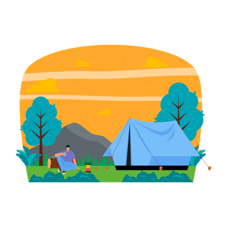 Hombre bebiendo té en camping  Ilustración