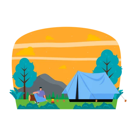 Hombre bebiendo té en camping  Ilustración