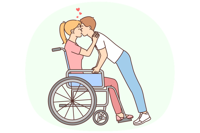 Hombre besando a una mujer discapacitada en silla de ruedas  Ilustración