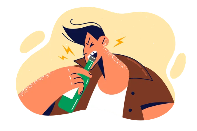Un hombre borracho abre una botella de cerveza con los dientes y lleva un estilo de vida asocial abusando de bebidas alcohólicas  Ilustración