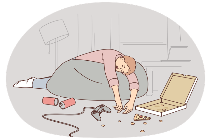 Un hombre borracho duerme en un apartamento sucio cerca de un joystick con latas de cerveza y pizza esparcidas  Ilustración