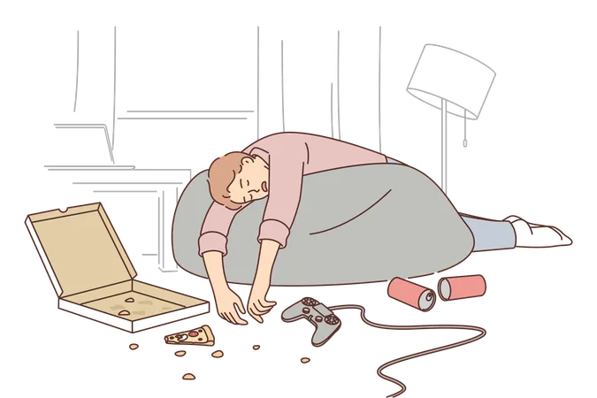 Un hombre borracho duerme en un apartamento sucio cerca de un joystick con latas de cerveza y pizza esparcidas  Ilustración