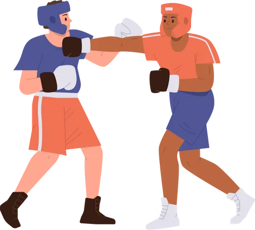 Hombre boxeando con guantes, casco protector con compañero de entrenamiento luchando entre sí  Ilustración