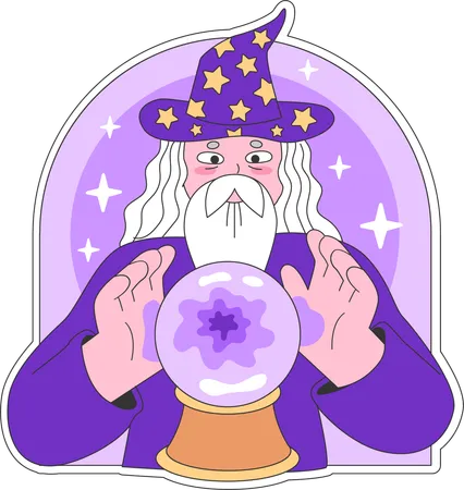 Hombre brujo haciendo magia con bola mágica  Ilustración